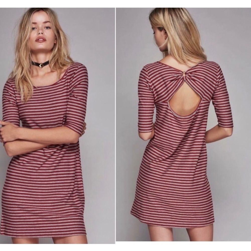 We The Free - Striped Red Open-Back Casual T-Shirt Dress